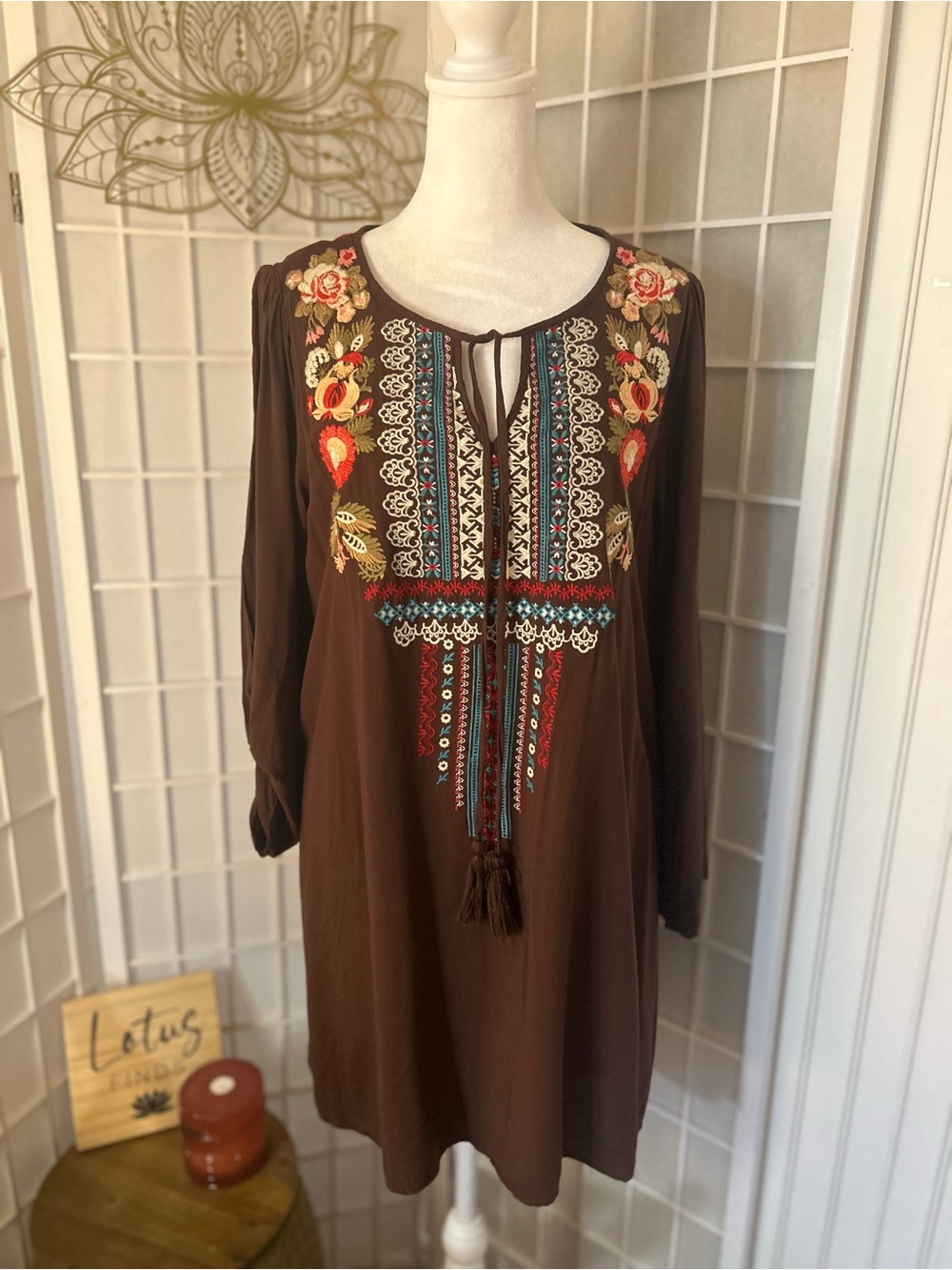 Andree by Unit Brown Boho Embroidered Tunic Dress Medium